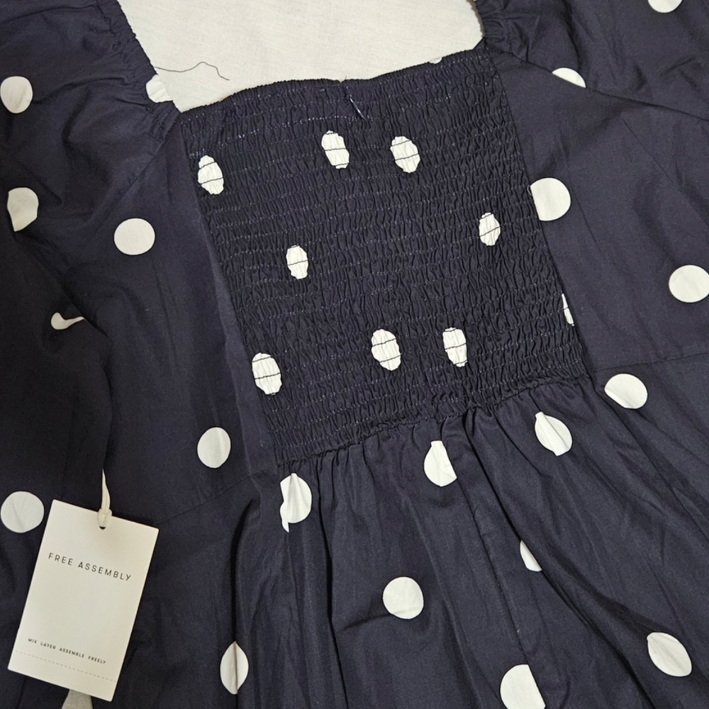 Free Assembly Cotton Polka Dot Maxi Dress Puff Sleeve Navy NWT - Picture 3 of 15